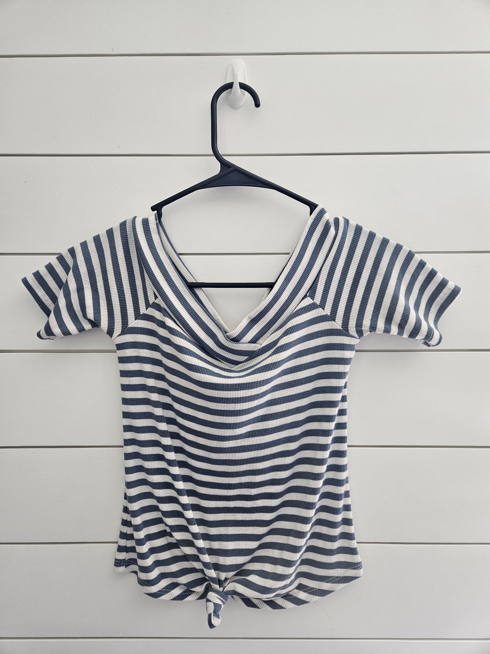 Charlotte Russe Navy & White Striped Off-Shoulder Knot Tank